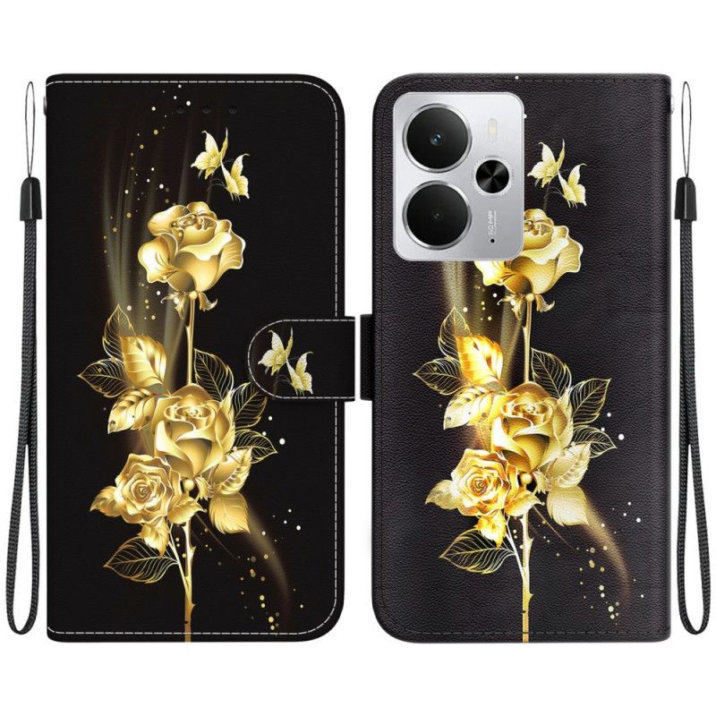 Kožený Kryt Realme 14 5g Zlatí A Růžoví Motýli