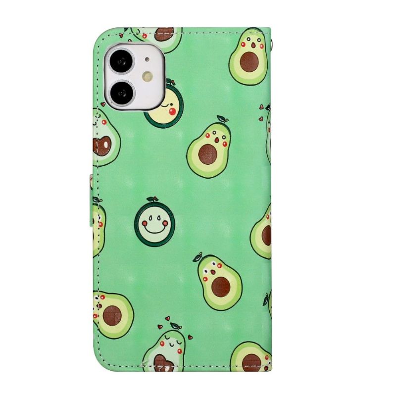 Kožené Pouzdro Na iPhone 11 Kawaii Avokádo + Popruh Přes Rameno