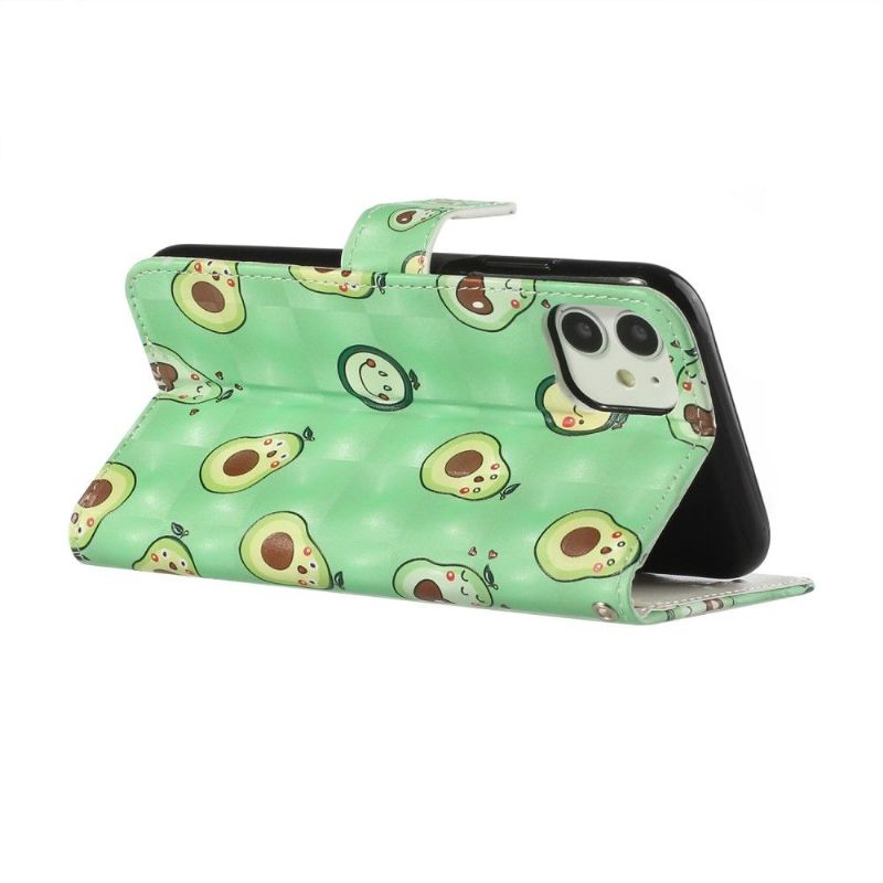 Kožené Pouzdro Na iPhone 11 Kawaii Avokádo + Popruh Přes Rameno