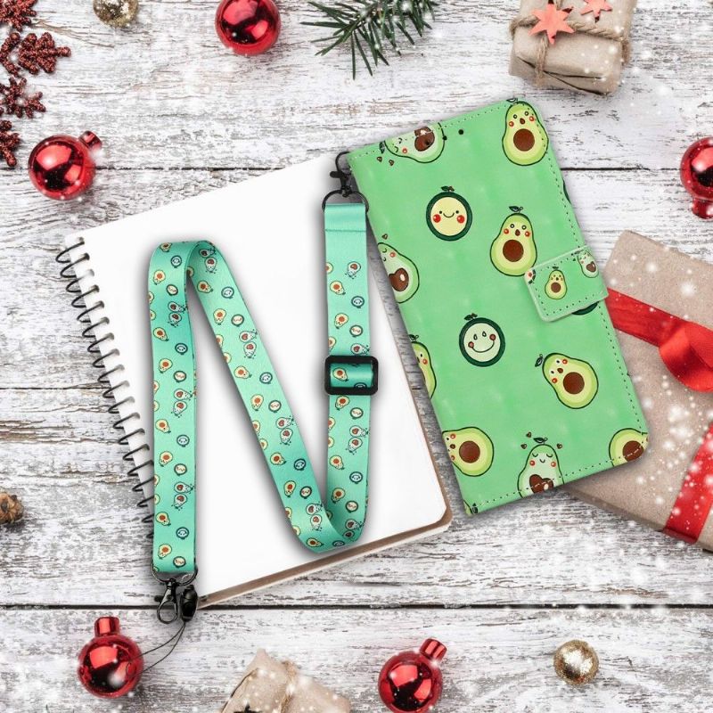 Kožené Pouzdro Na iPhone 11 Kawaii Avokádo + Popruh Přes Rameno