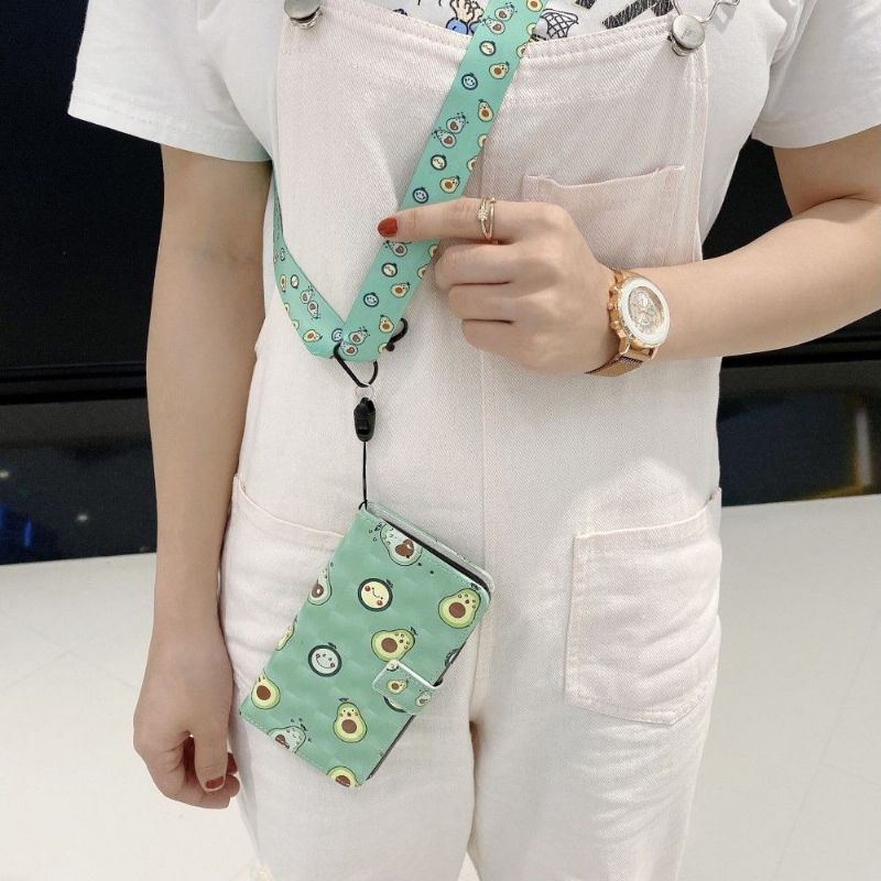Kožené Pouzdro Na iPhone 11 Kawaii Avokádo + Popruh Přes Rameno