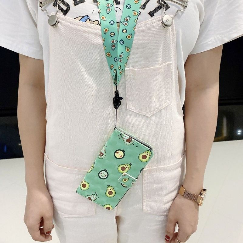 Kožené Pouzdro Na iPhone 11 Kawaii Avokádo + Popruh Přes Rameno