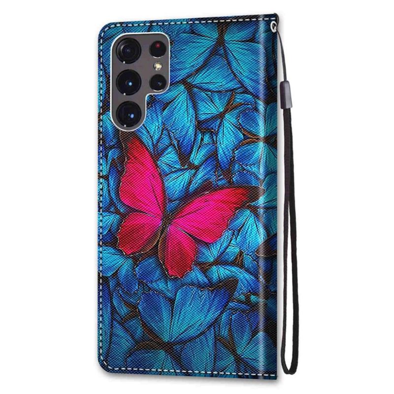 Flipové Pouzdro Na Samsung Galaxy S22 Ultra 5G Modrí A Růžoví Motýli