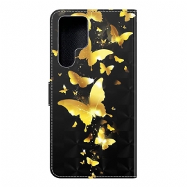 Kožené Pouzdro Na Samsung Galaxy S22 Ultra 5G Ilustrace Zlatých Motýlů