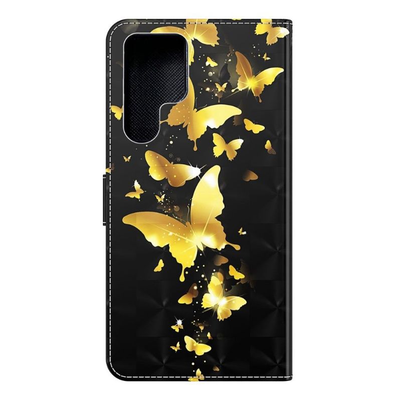 Kožené Pouzdro Na Samsung Galaxy S22 Ultra 5G Ilustrace Zlatých Motýlů