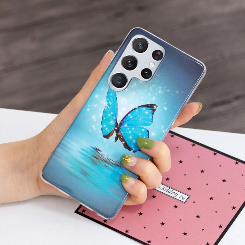 Kryt Na Samsung Galaxy S22 Ultra 5G Svítící Modrý Motýl