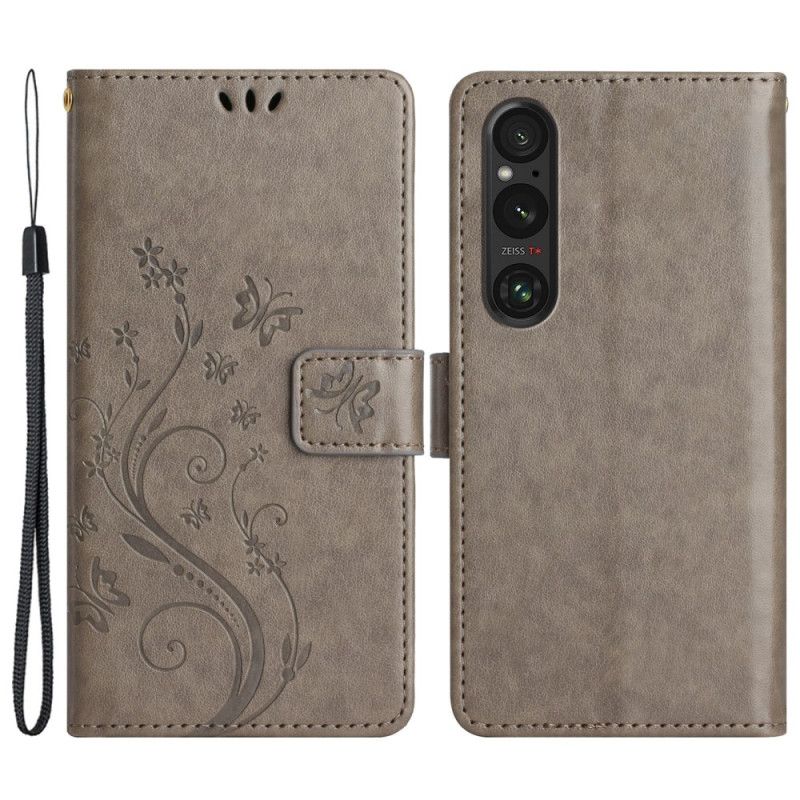 Kožený Kryt Na Sony Xperia 1 Vi Květiny A Motýli S Popruhem