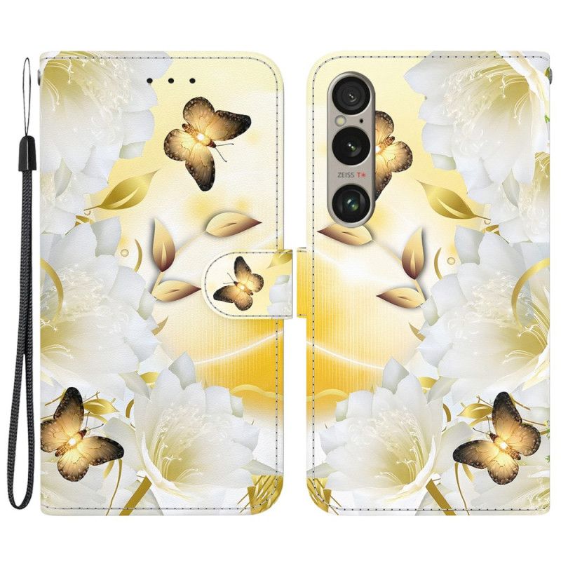 Kožený Kryt Na Sony Xperia 1 Vi Zlatí Motýli A Bílé Květy S Řemínkem