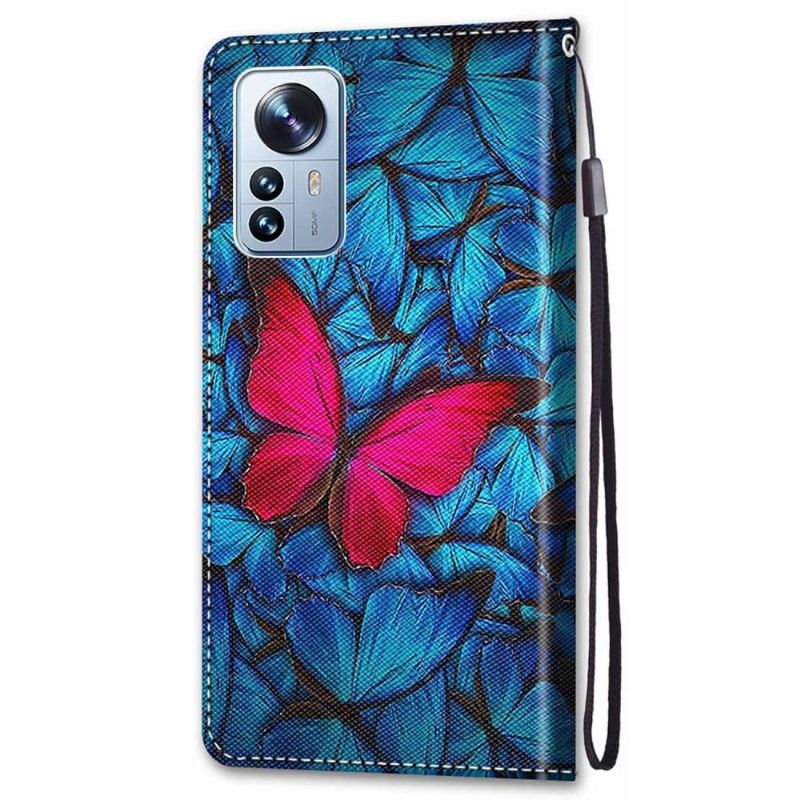 Kožené Pouzdro Na Xiaomi 12 Pro Modrí A Růžoví Motýli