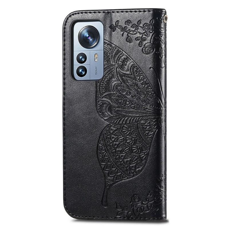 Kožené Pouzdro Na Xiaomi 12 Pro Reliéfní Motýl