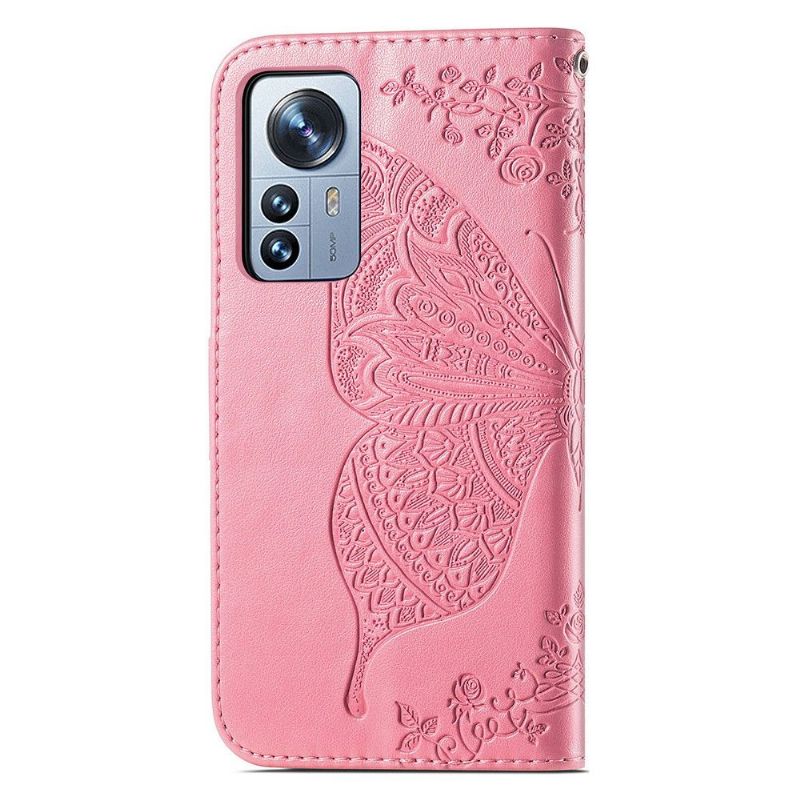 Kožené Pouzdro Na Xiaomi 12 Pro Reliéfní Motýl