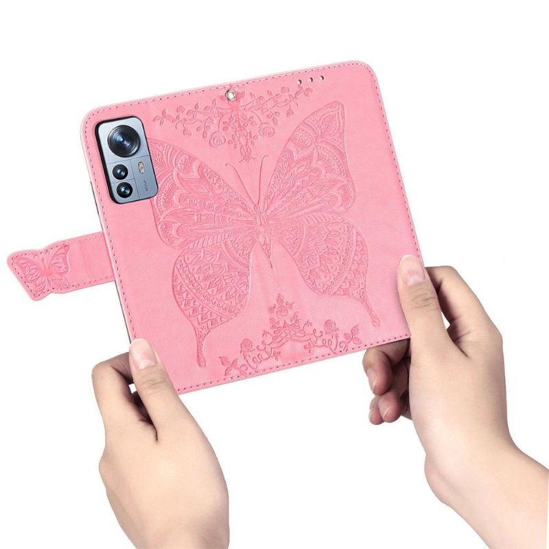 Kožené Pouzdro Na Xiaomi 12 Pro Reliéfní Motýl