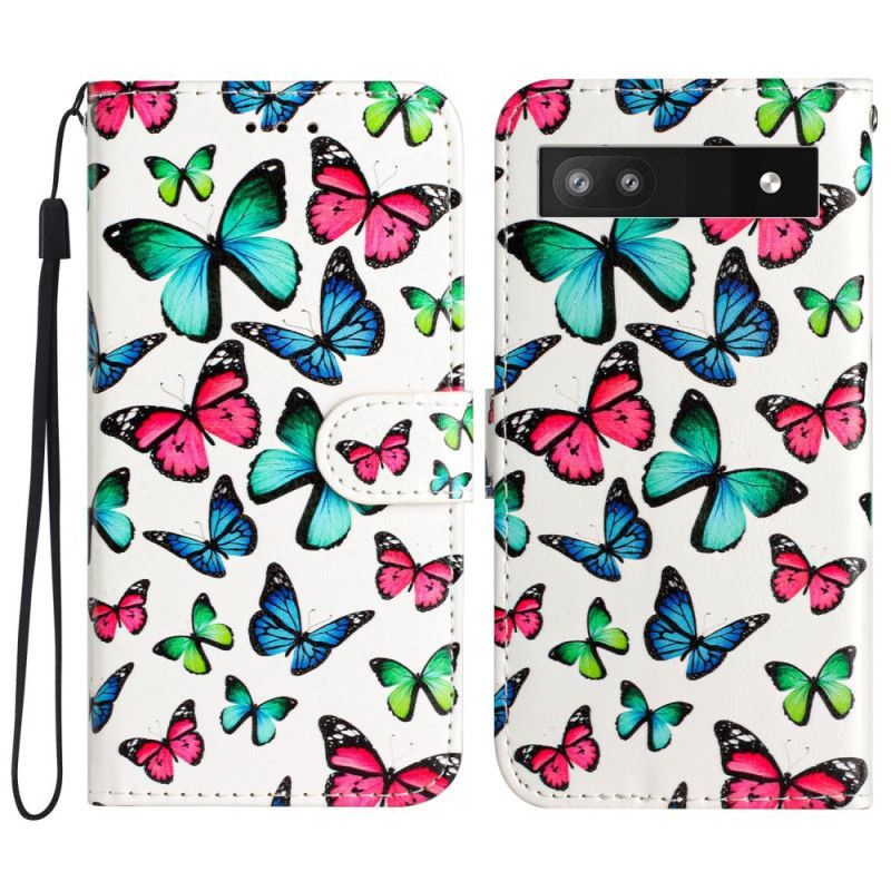 Flipové Pouzdro Na Google Pixel 7A Na Lana Motýli V Letu S Popruhem